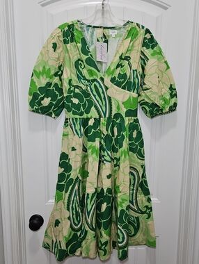 Farylina Hand Dyed Green Floral Puff-Sleeve Dress New Small
